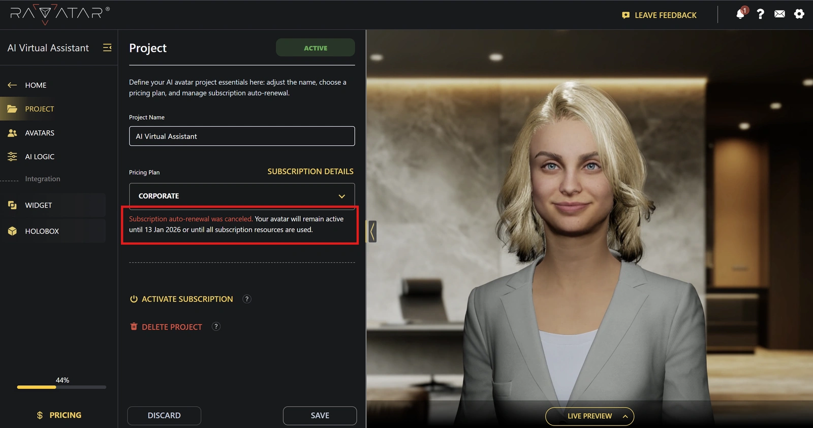 Genesis Studio deactivated AI avatar subscription information screen