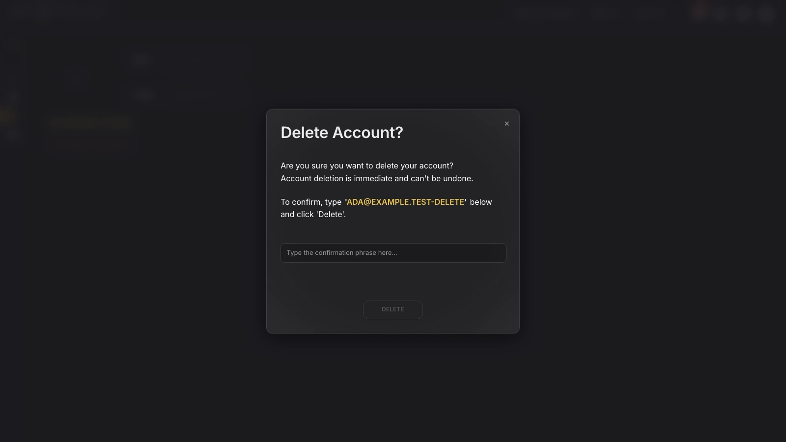 Genesis Studio delete account confirmation dialog with the typed confirmation phrase field