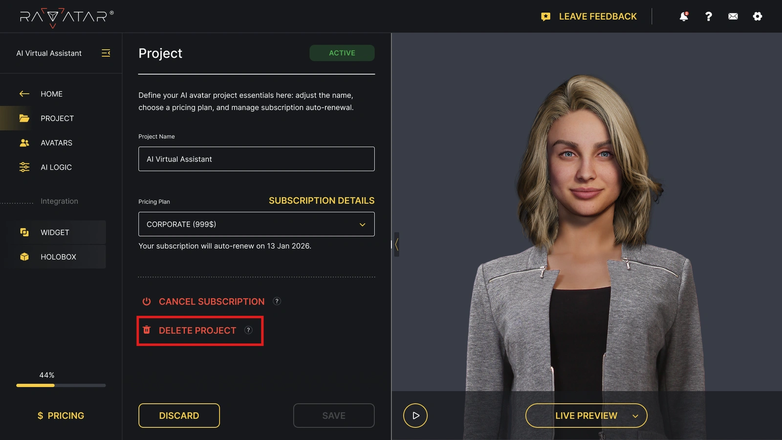 Delete AI Avatar Project Button