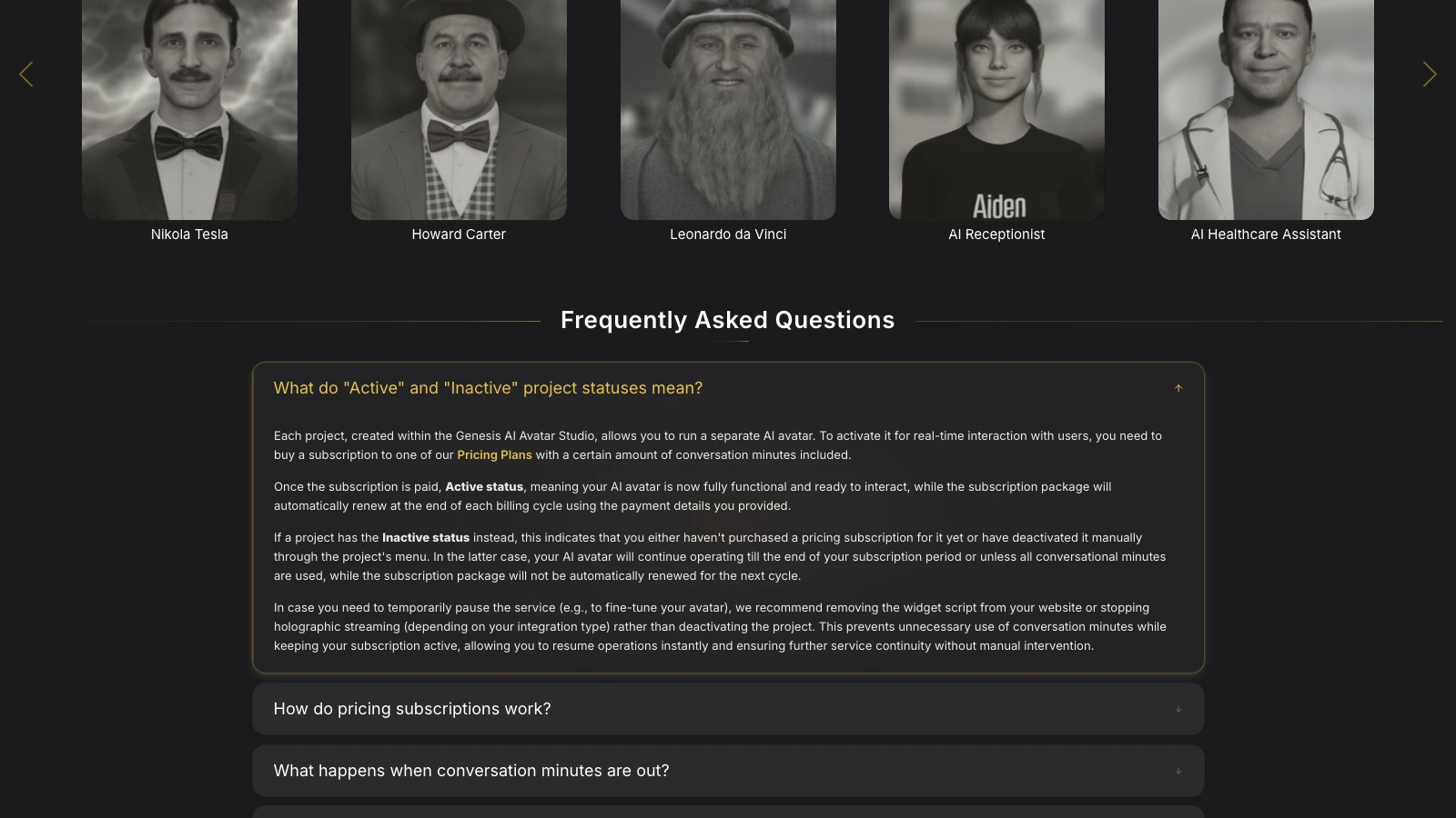 Genesis Studio FAQ section with the first question expanded showing its answer