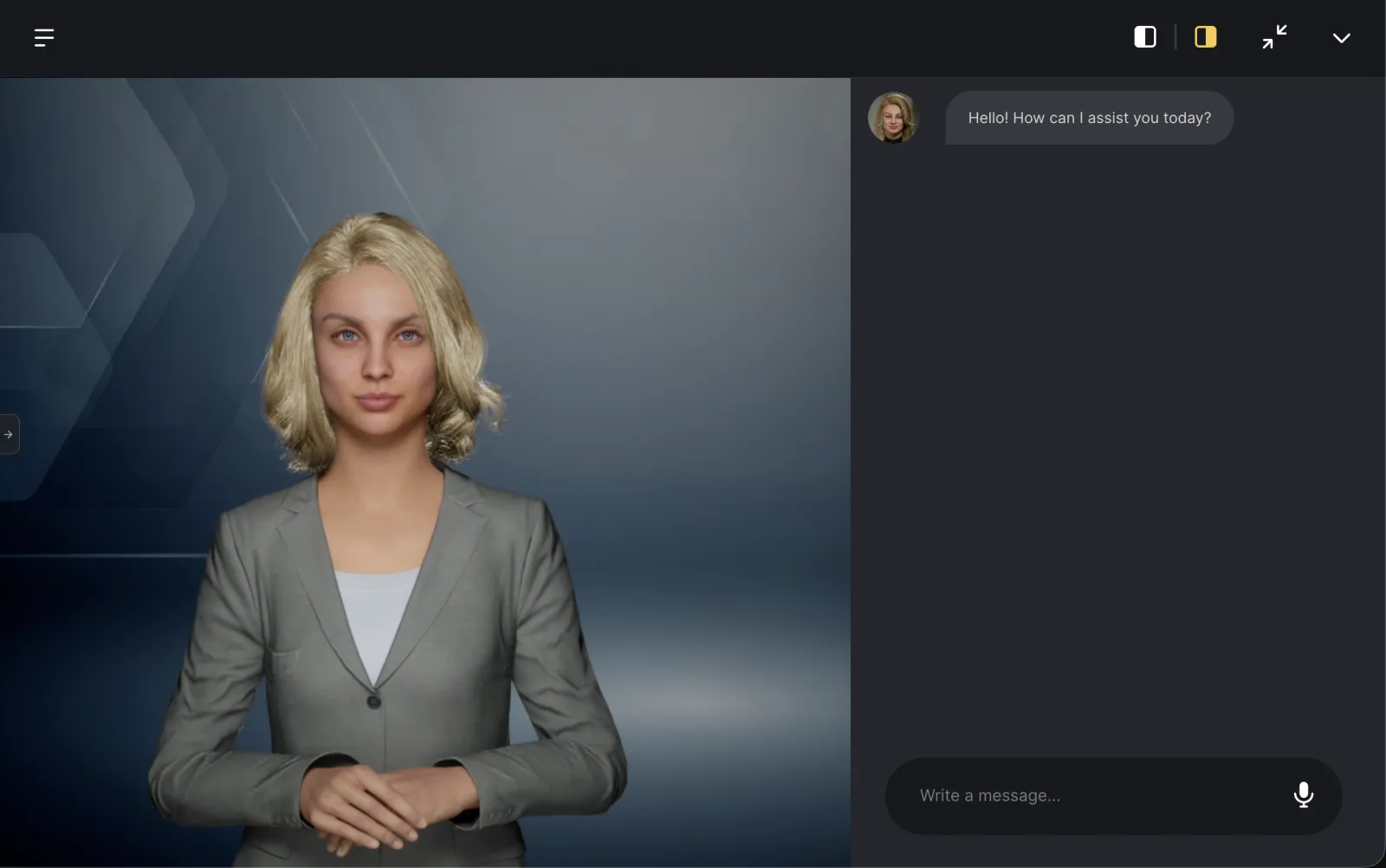Genesis Studio full-width AI avatar widget interface in dark theme