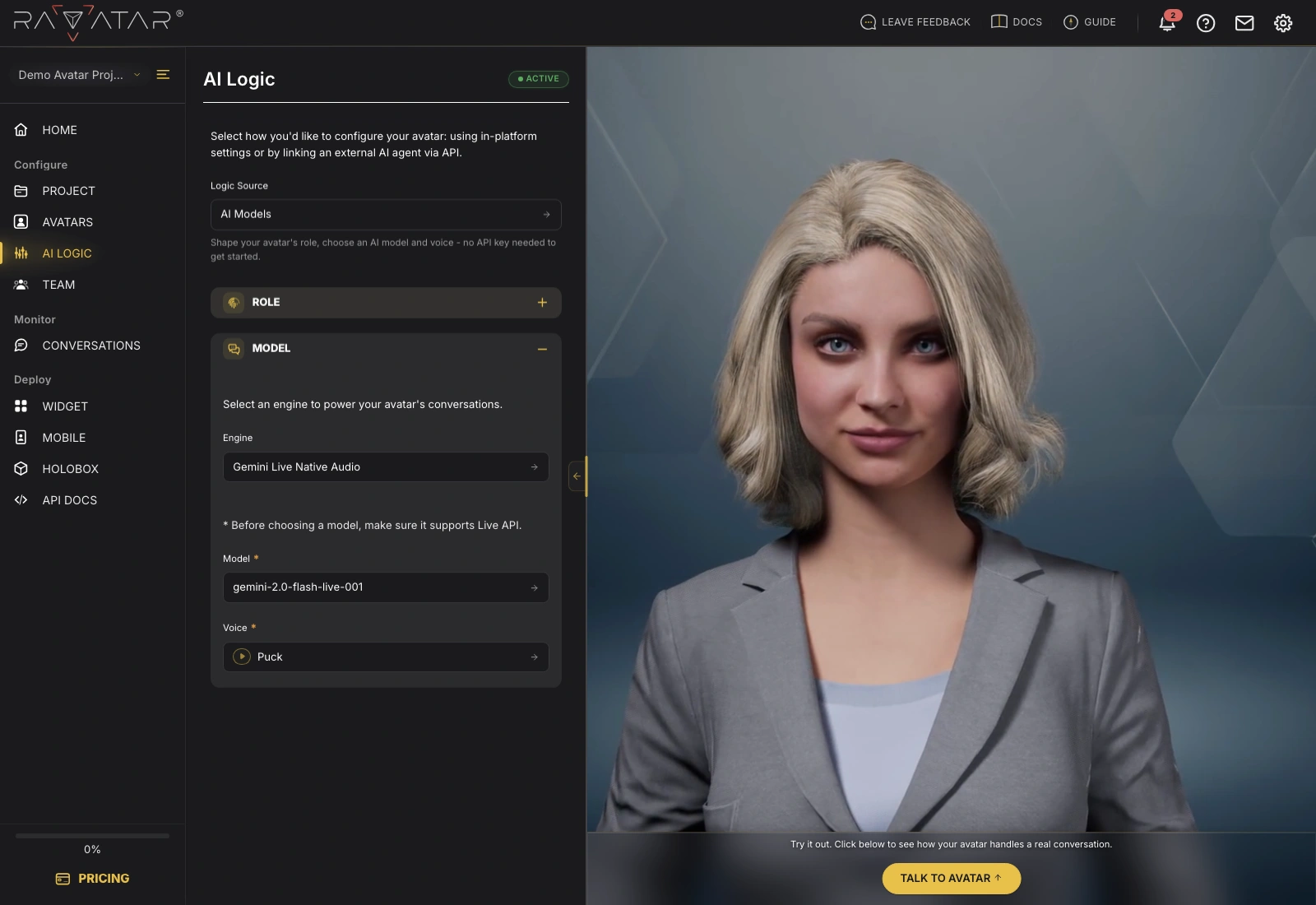 Genesis Studio Gemini Live Native Audio model and voice settings