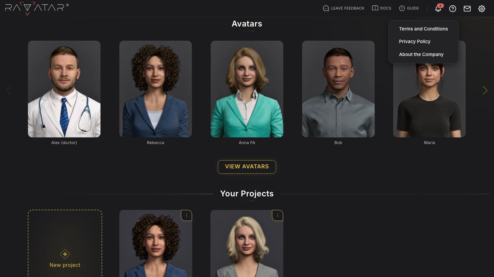 Genesis Studio help menu with Terms and Conditions, Privacy Policy and About the Company options