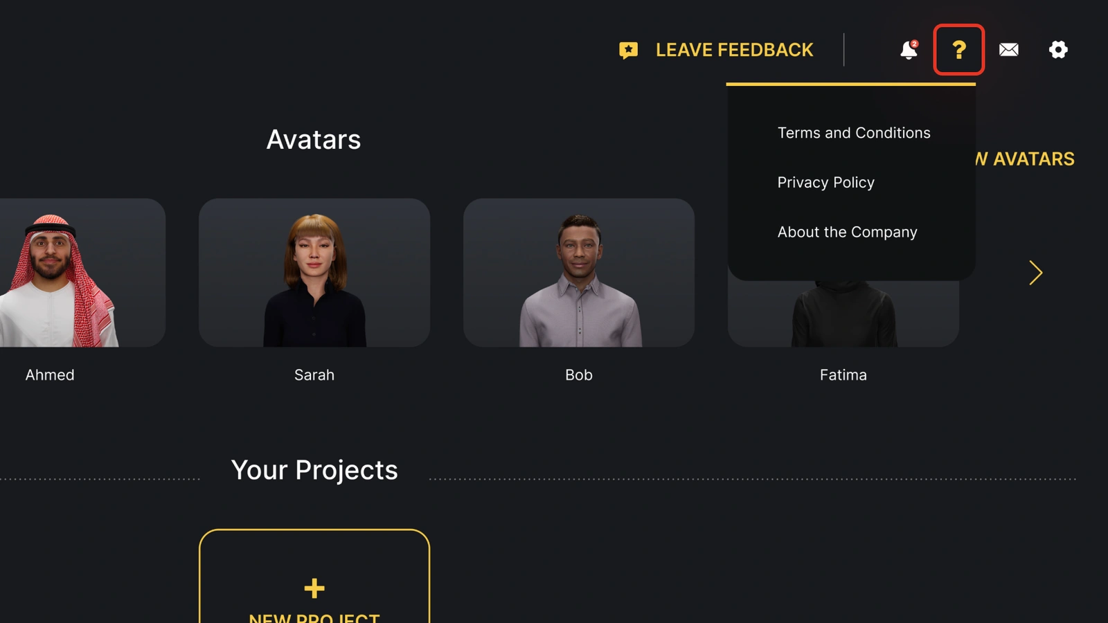 Help menu expanded from a question mark icon in the top right corner of the Genesis AI Avatar Studio dashboard. The menu displays three options: Terms and Conditions, Privacy Policy, and About the Company.