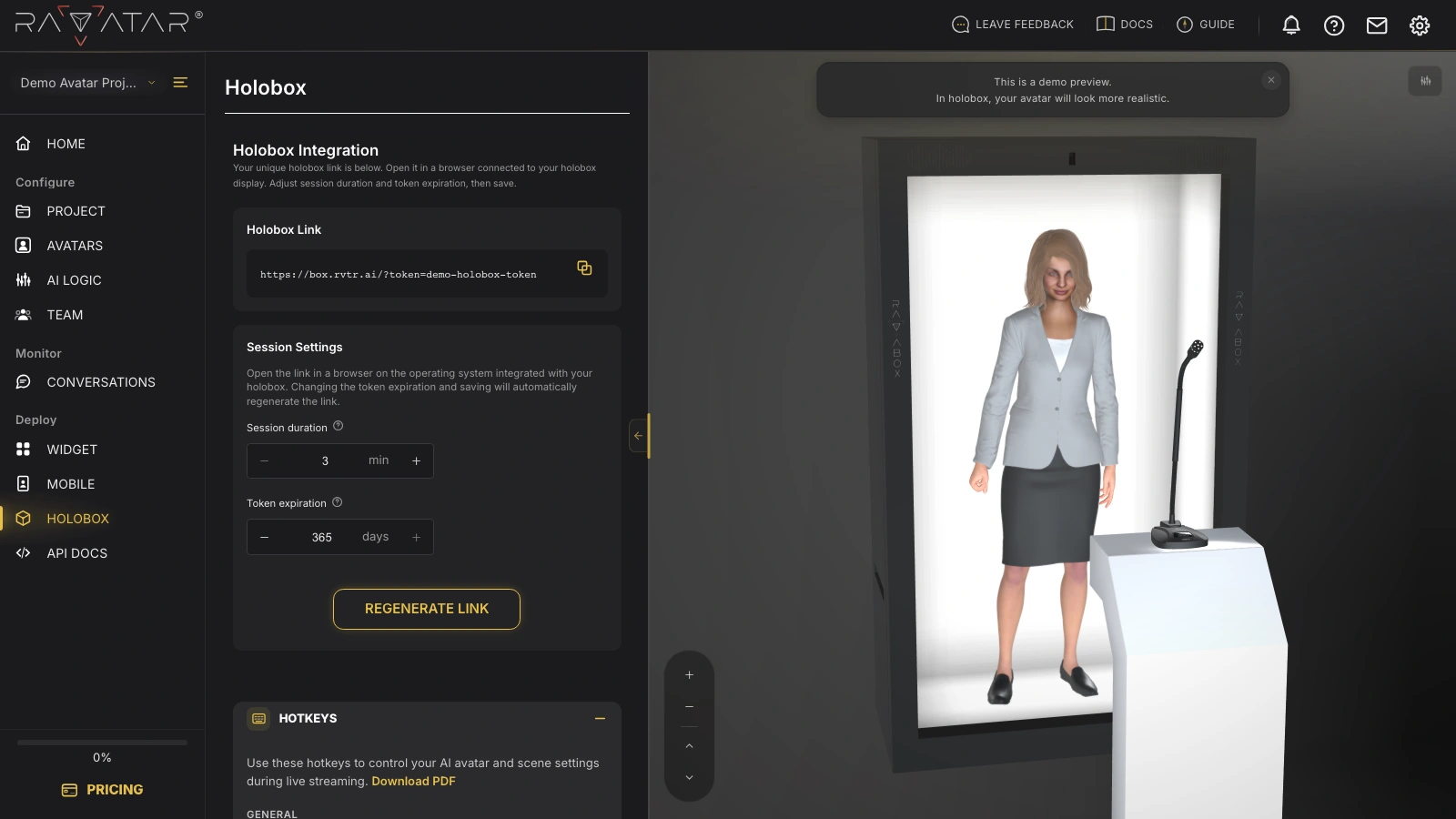 Genesis Studio holobox integration with streaming link, session settings, and 3D full-body avatar preview