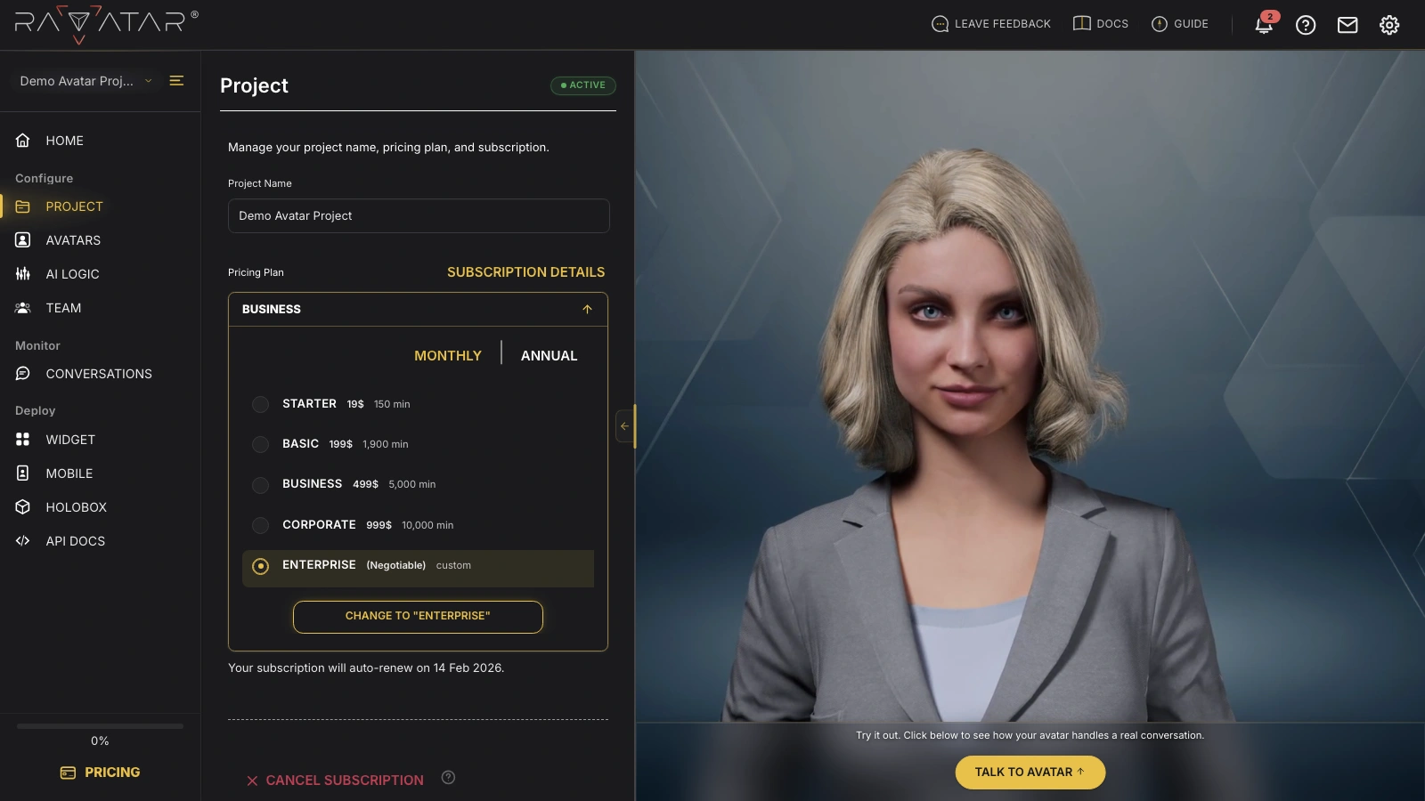 Genesis Studio how to access enterprise AI avatar features in pricing overview