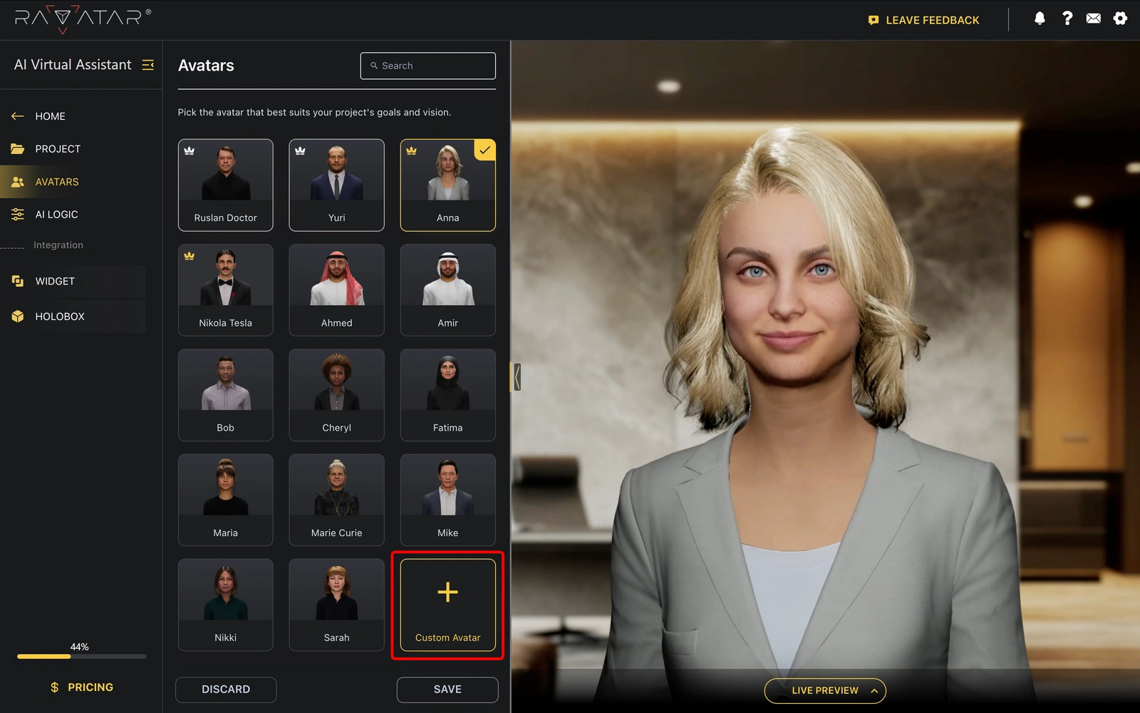 Genesis Studio request custom tailored AI avatar in configuration wizard
