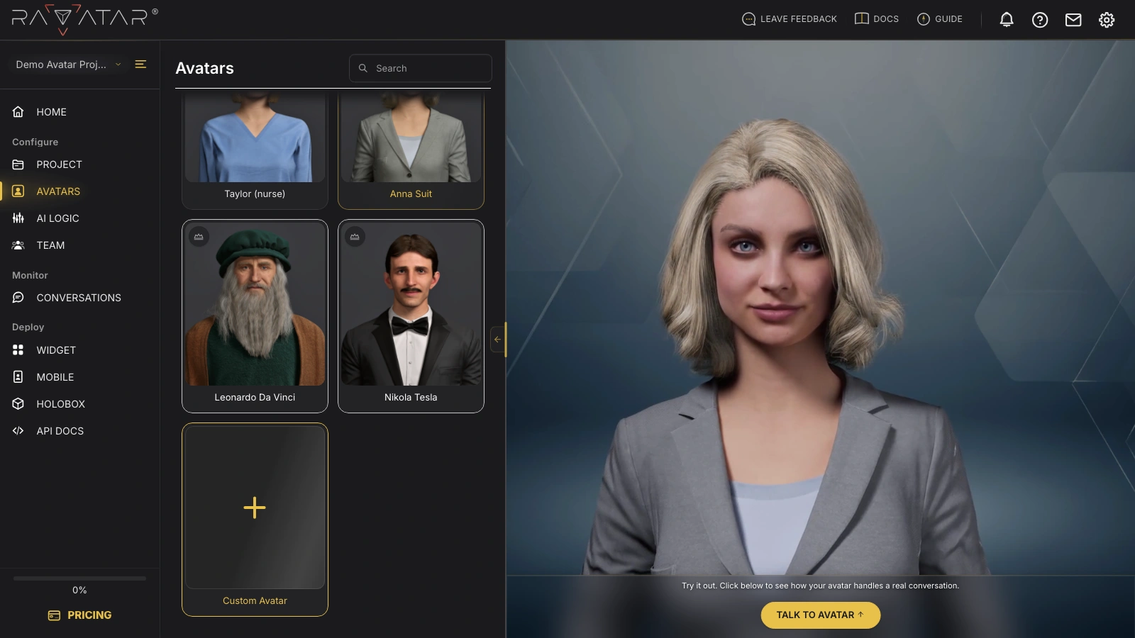 Genesis Studio request custom tailored AI avatar in configuration wizard
