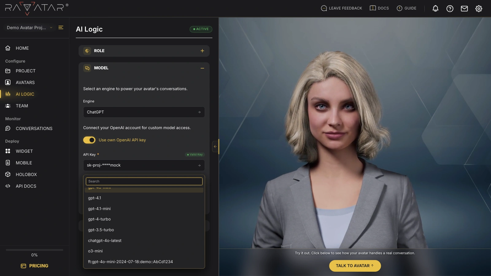 Genesis Studio integrate custom OpenAI LLM with AI avatar model selection