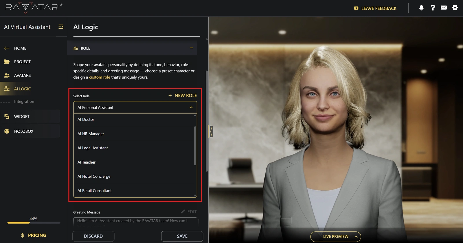 Genesis Studio interactive AI avatar roles list in configuration wizard