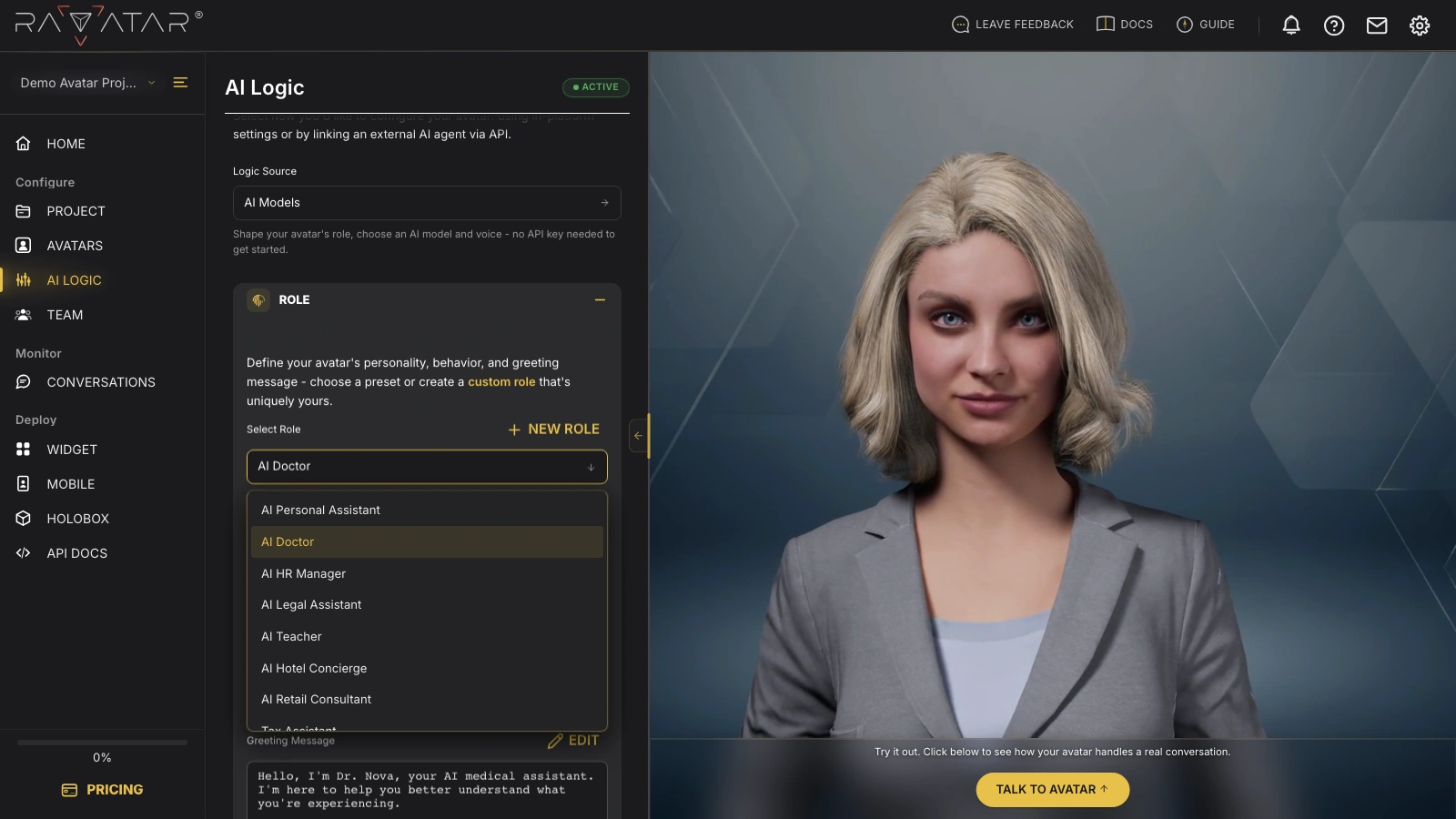 Genesis Studio interactive AI avatar roles list in configuration wizard