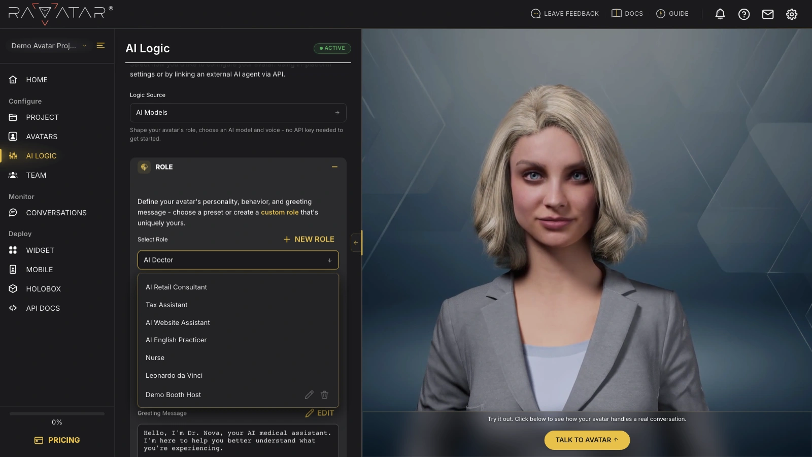 Genesis Studio custom AI avatar role with edit and delete icons in roles list
