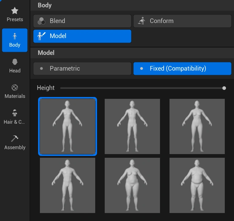 MetaHuman Creator Body panel with the Tall / Underweight body preset selected for a female character