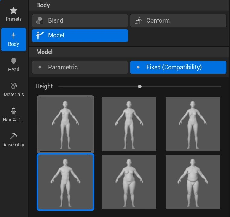 MetaHuman Creator Body panel with the Medium / Average body preset selected for a male character