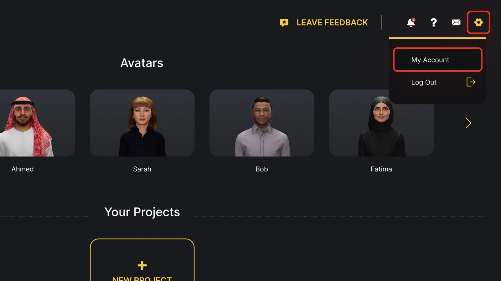 Genesis Studio dashboard with the settings gear icon selected in the top right corner.
