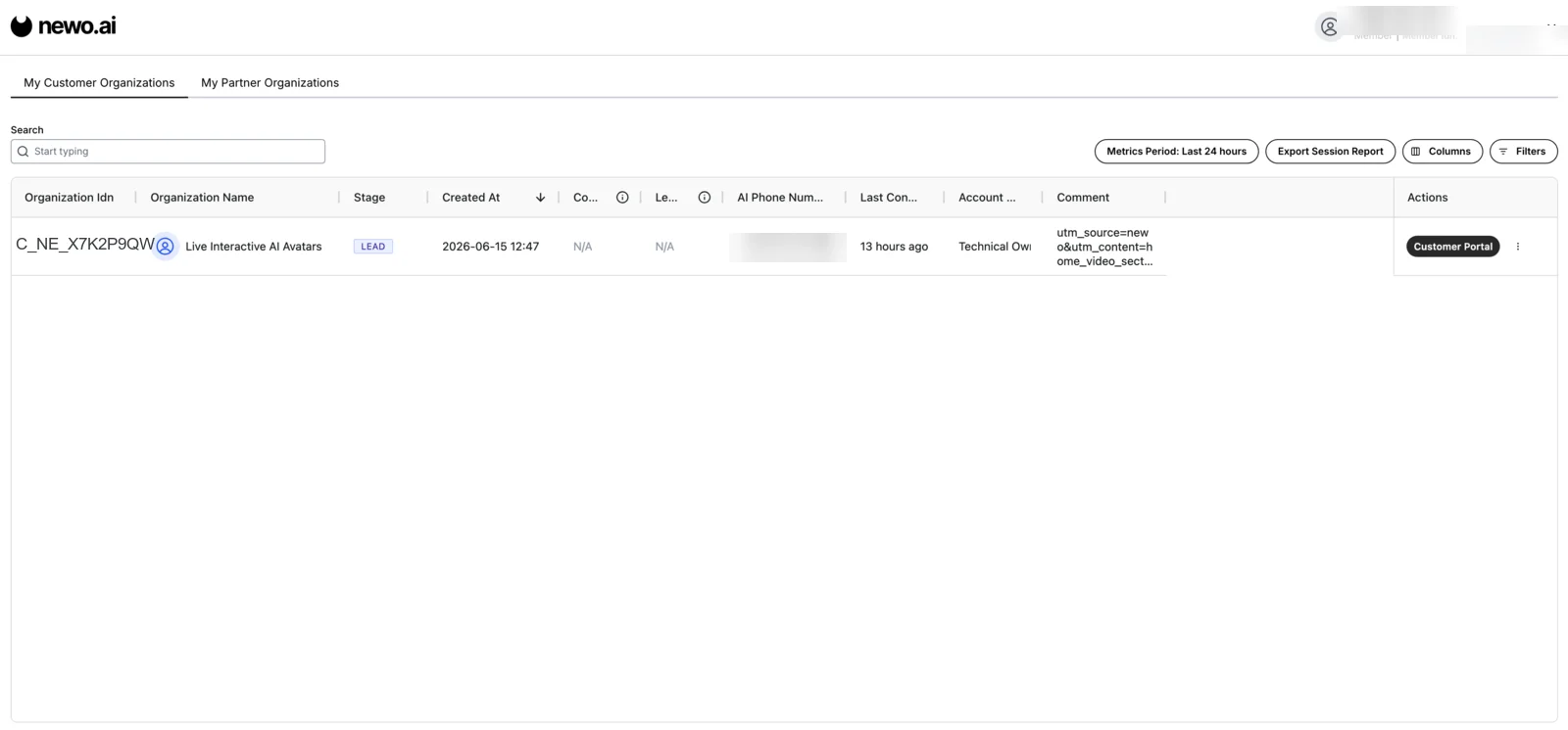 Newo.AI portal organizations list with the Organization Idn column highlighted