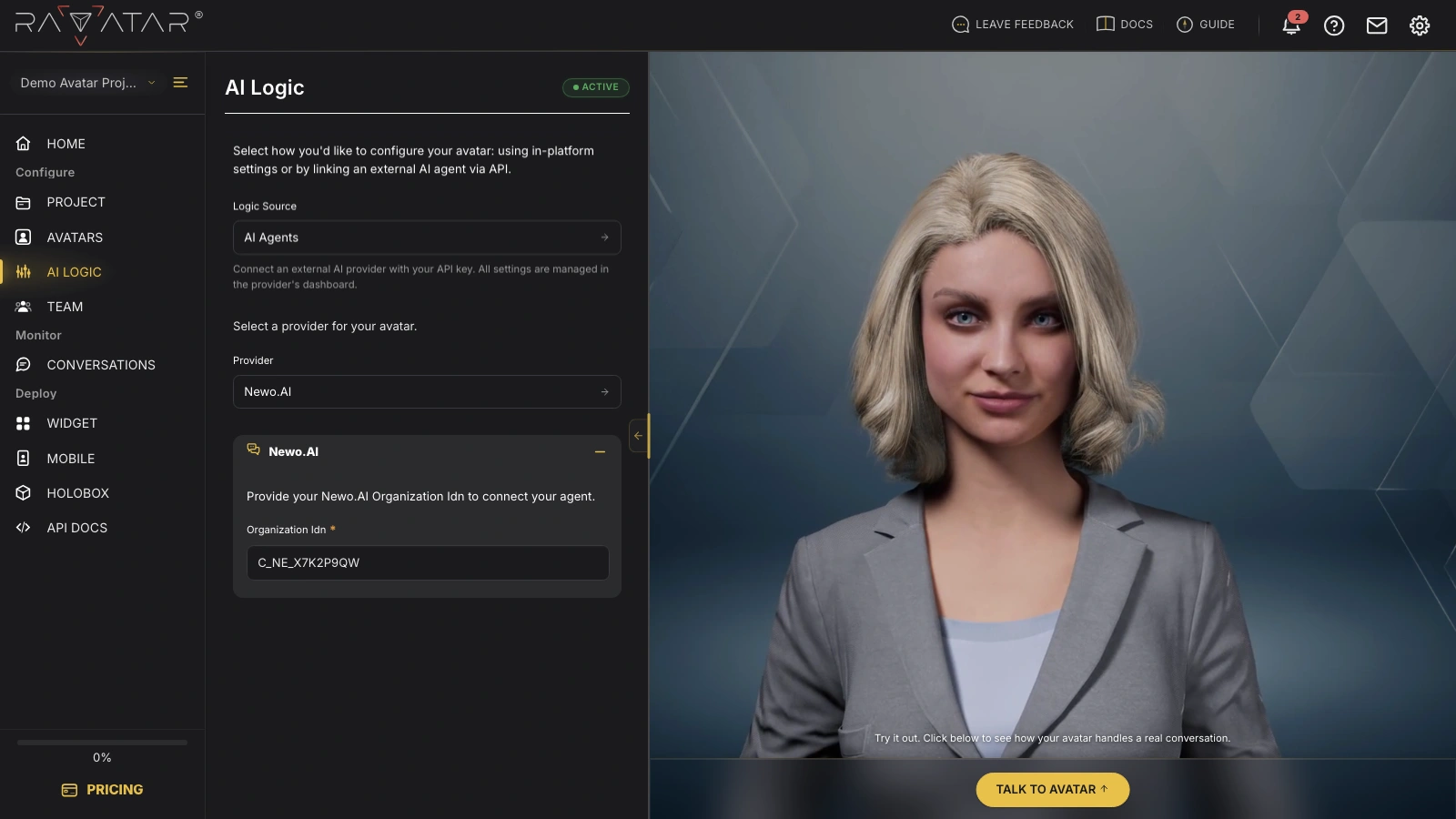 Genesis Studio AI Logic section with the Newo.AI provider selected and the Organization Idn field filled in