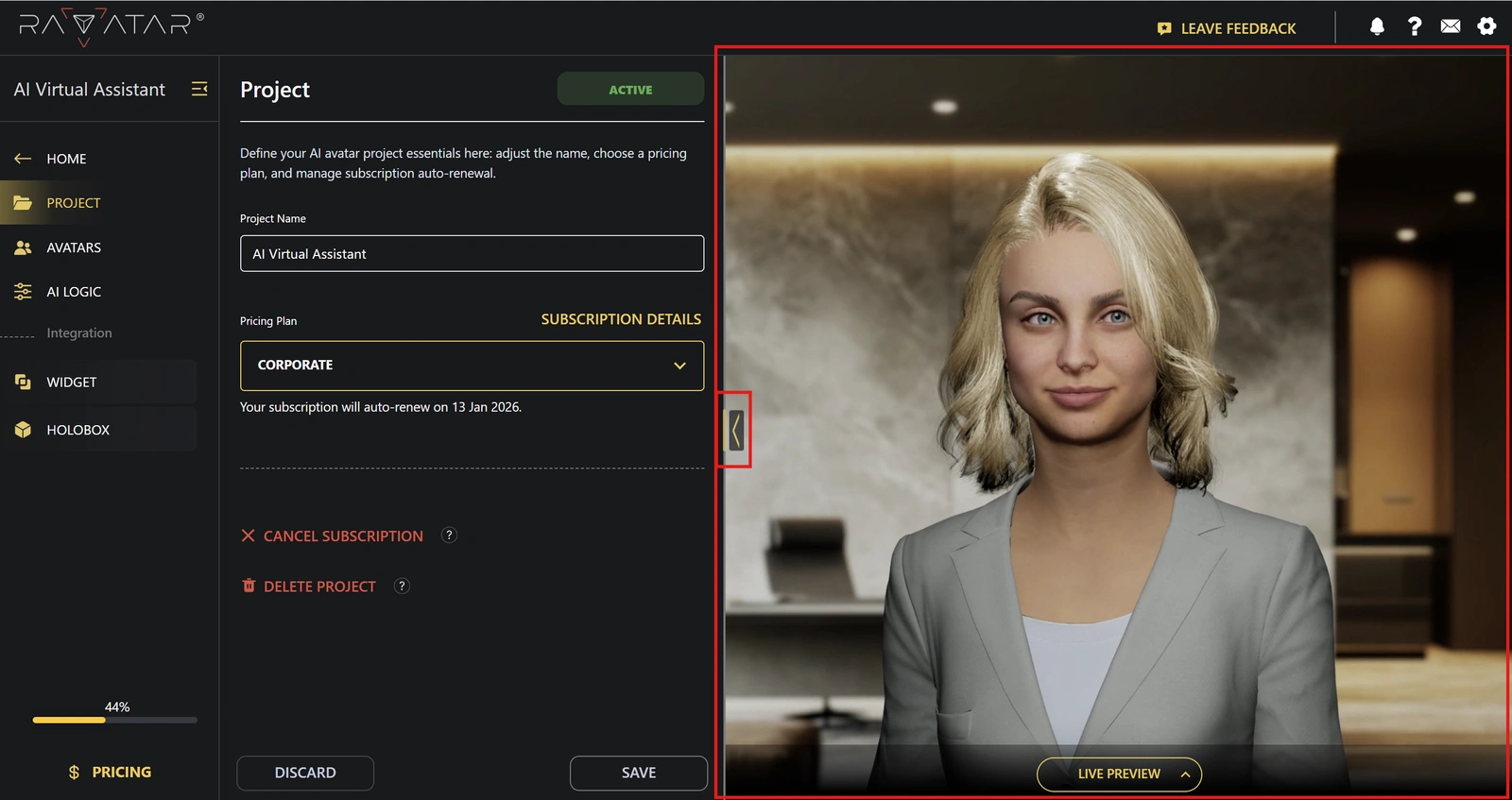 Genesis Studio real time AI avatar live preview display