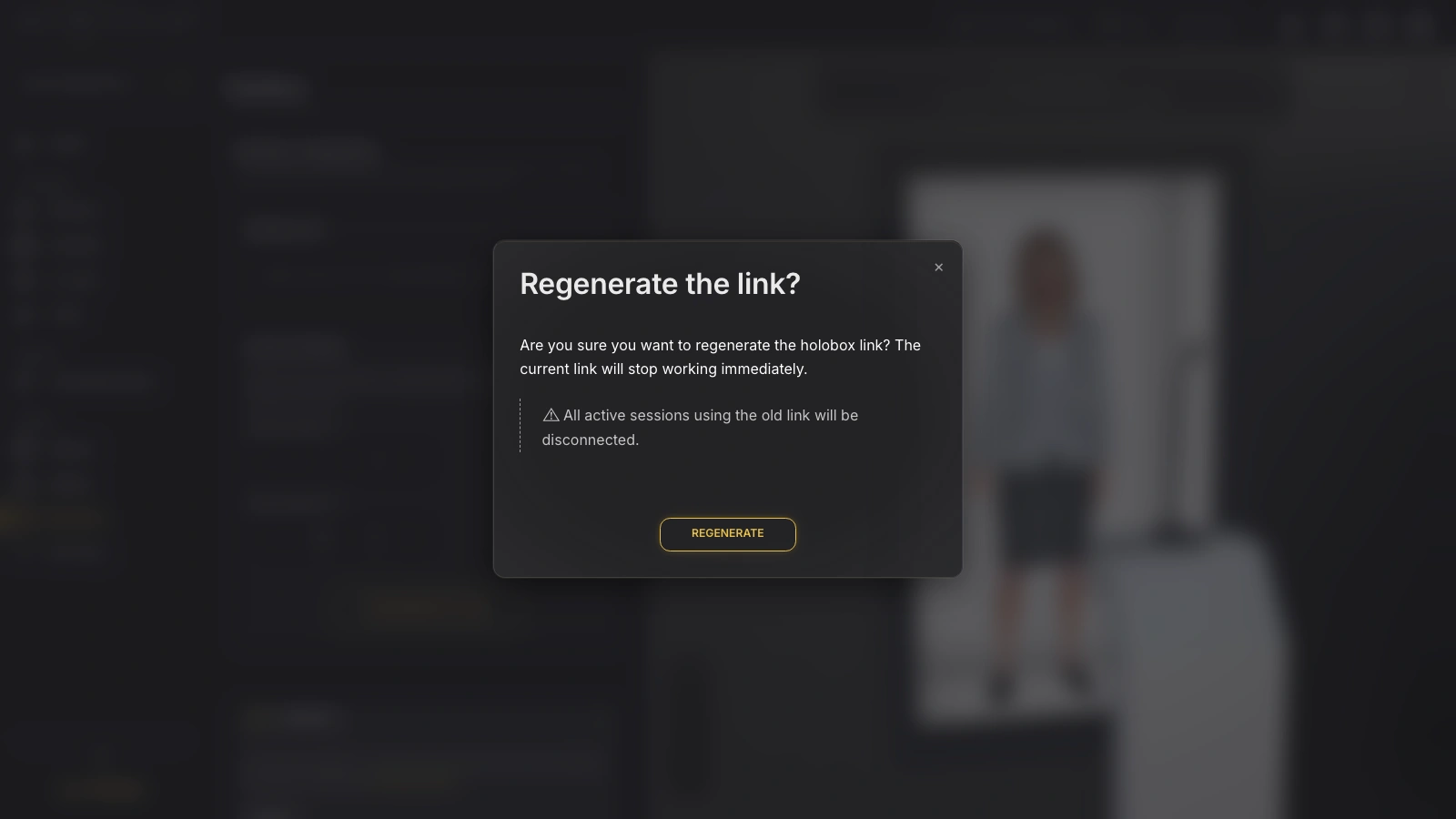 Genesis Studio regenerate holobox link confirmation with active sessions warning
