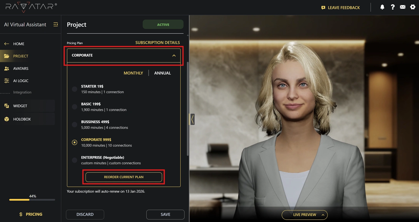 Genesis Studio reorder current AI avatar subscription in pricing plan