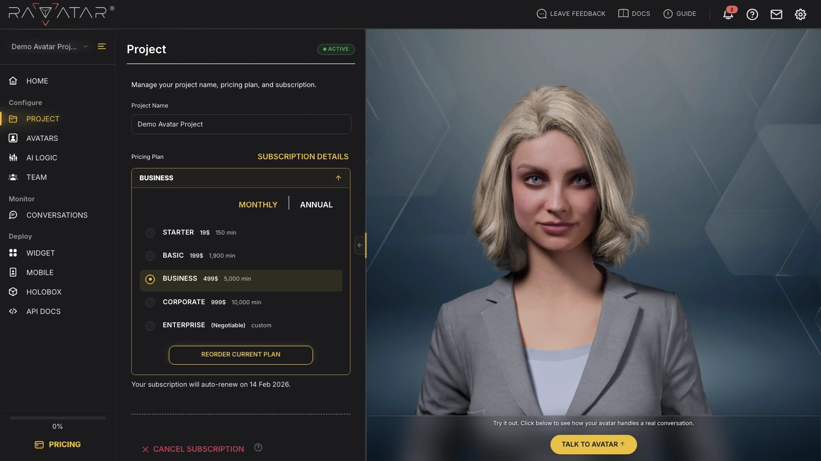 Genesis Studio reorder current AI avatar subscription in pricing plan