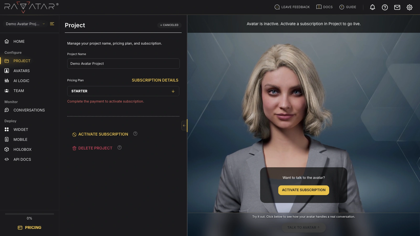 Genesis Studio select pricing plan to activate AI avatar subscription