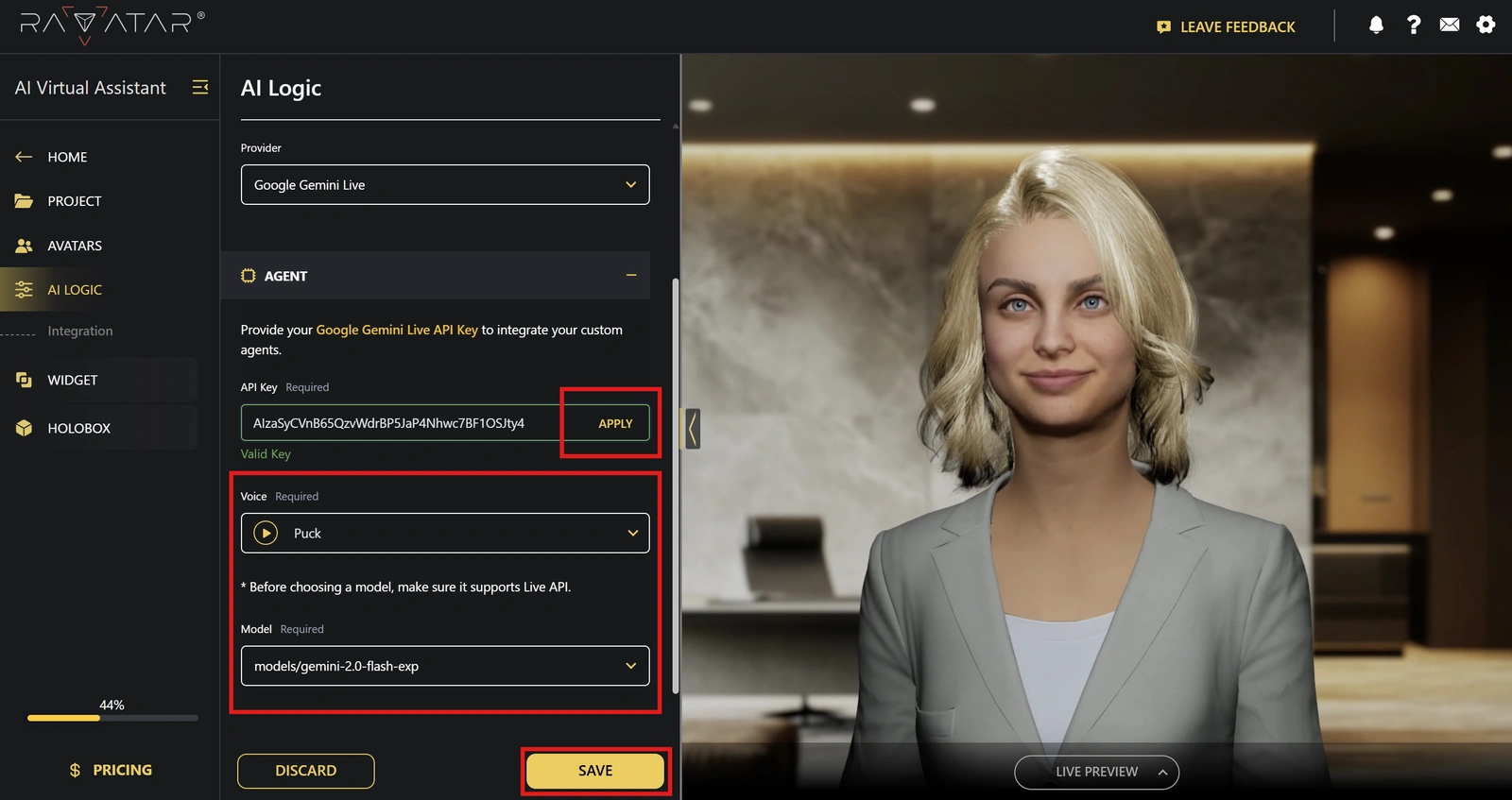 Genesis Studio set parameters for connected agentic AI avatar