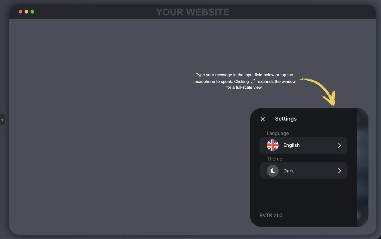 Genesis Studio AI avatar widget Settings panel with language and dark theme options