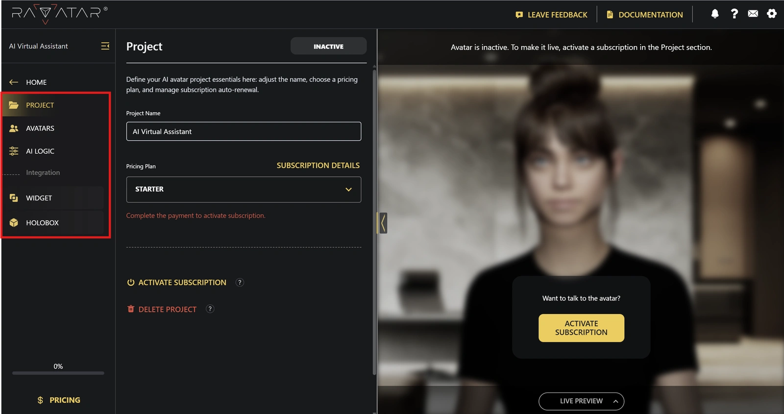 Genesis Studio start new AI avatar configuration for project setup