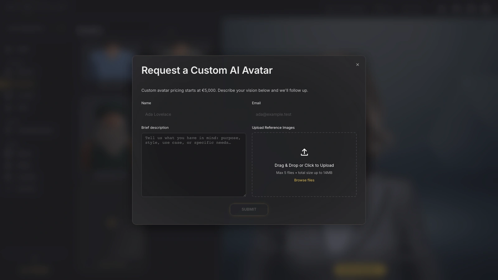 Genesis Studio submit request to create custom AI avatar