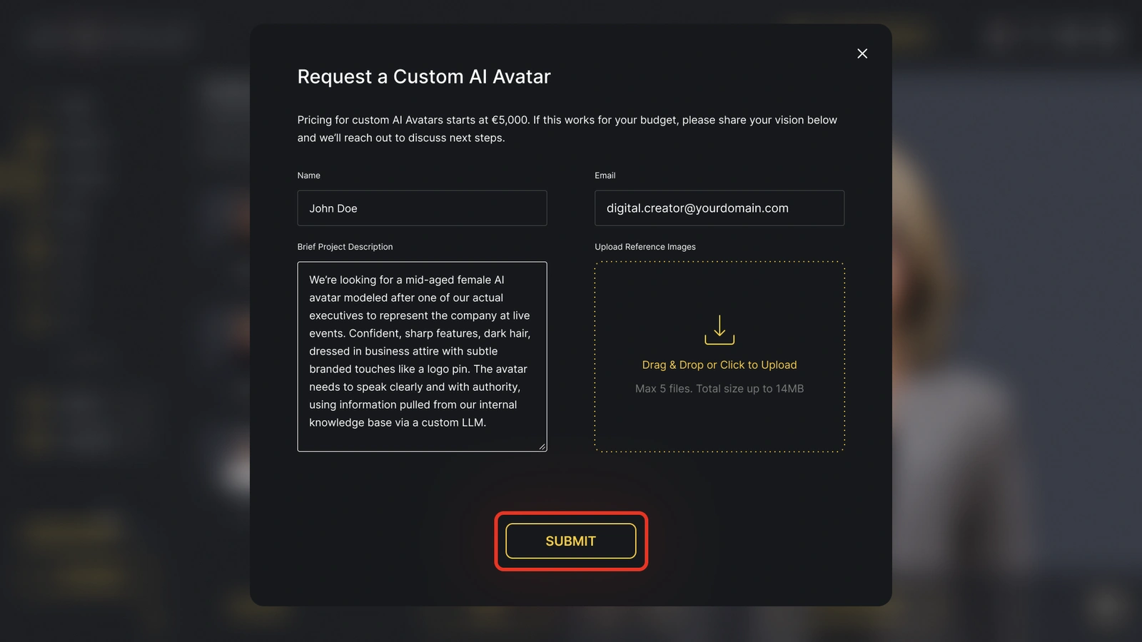 Submit Request to Create Custom AI Avatar