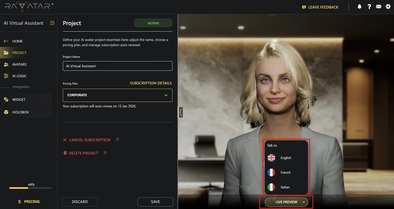 Genesis Studio talk to AI avatar in the chosen language preview