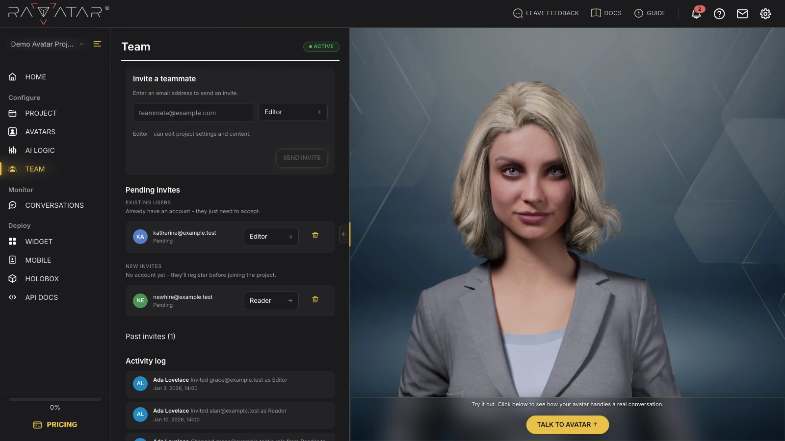 Genesis Studio Pending invites grouped into Existing users and New invites with Pending status badges