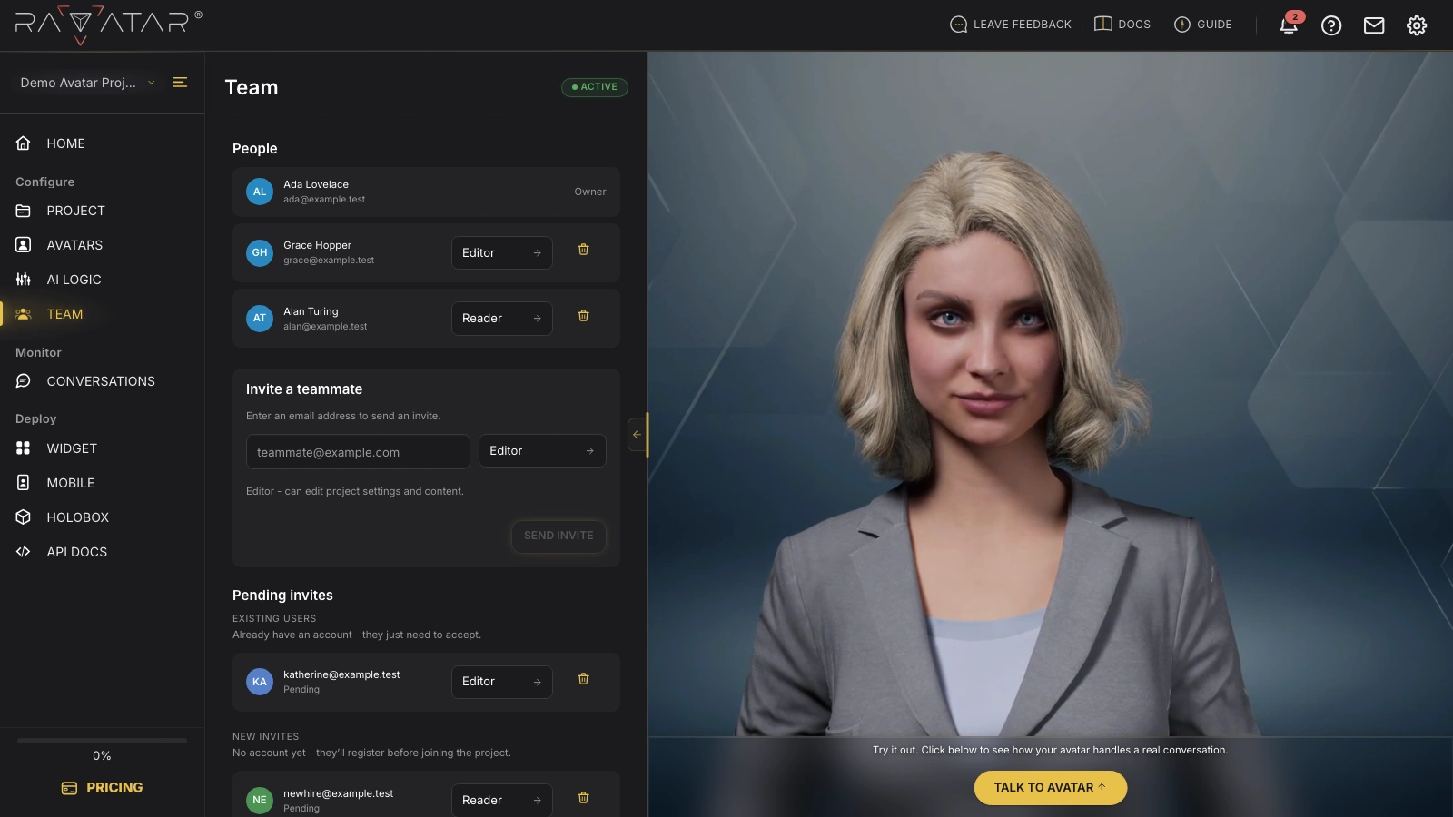 Genesis Studio team People section with owner and collaborator rows, role dropdowns, and remove controls