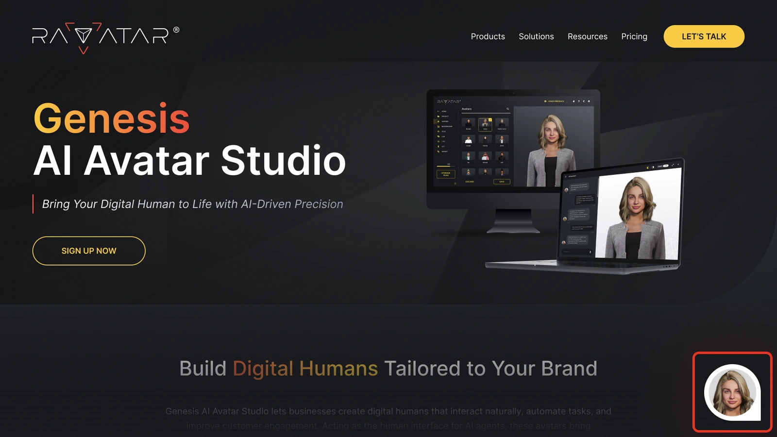 Genesis Studio website widget with talking AI avatar
