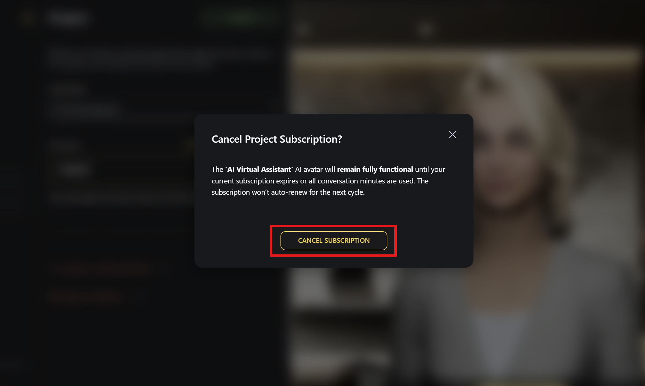 Genesis Studio cancel AI avatar subscription confirmation popup