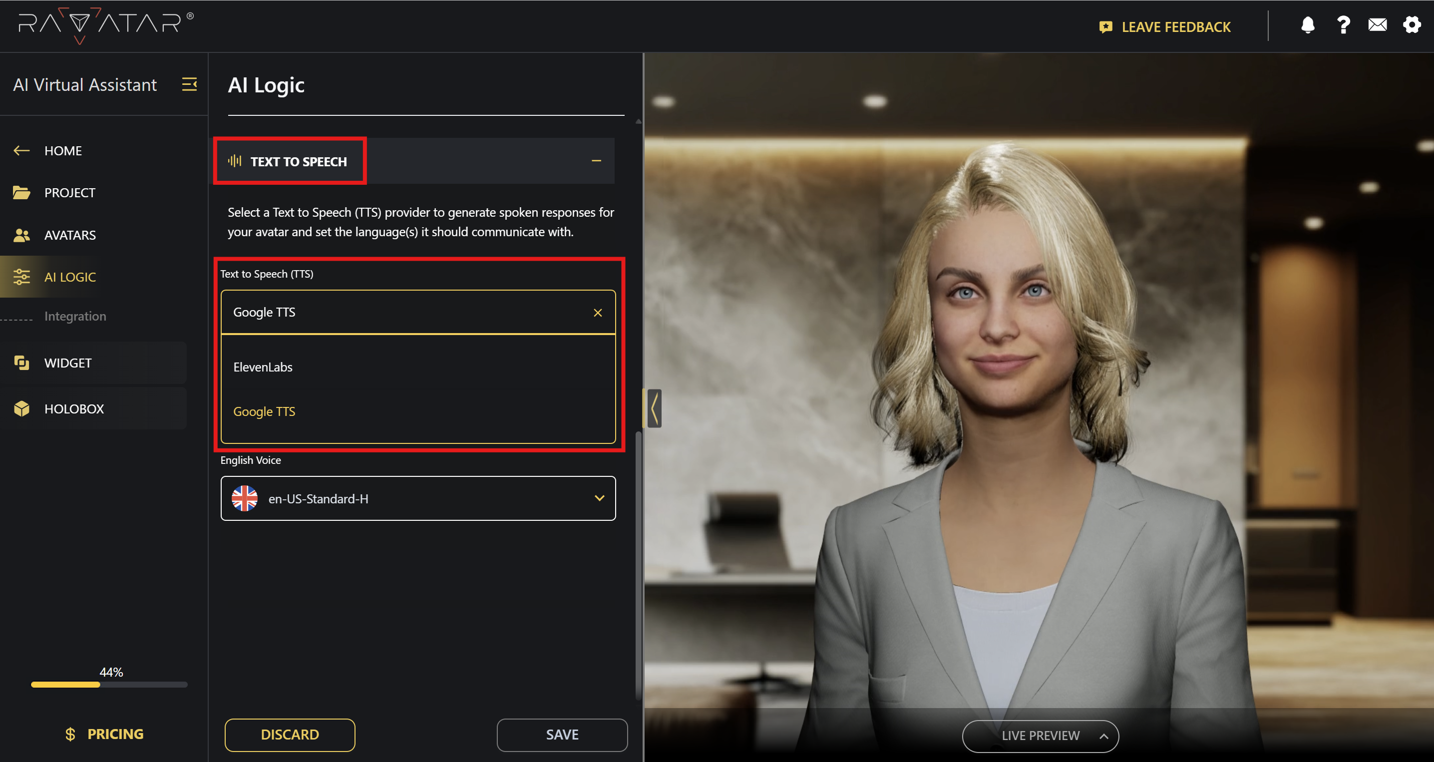 Genesis Studio choose text to speech provider for AI avatar