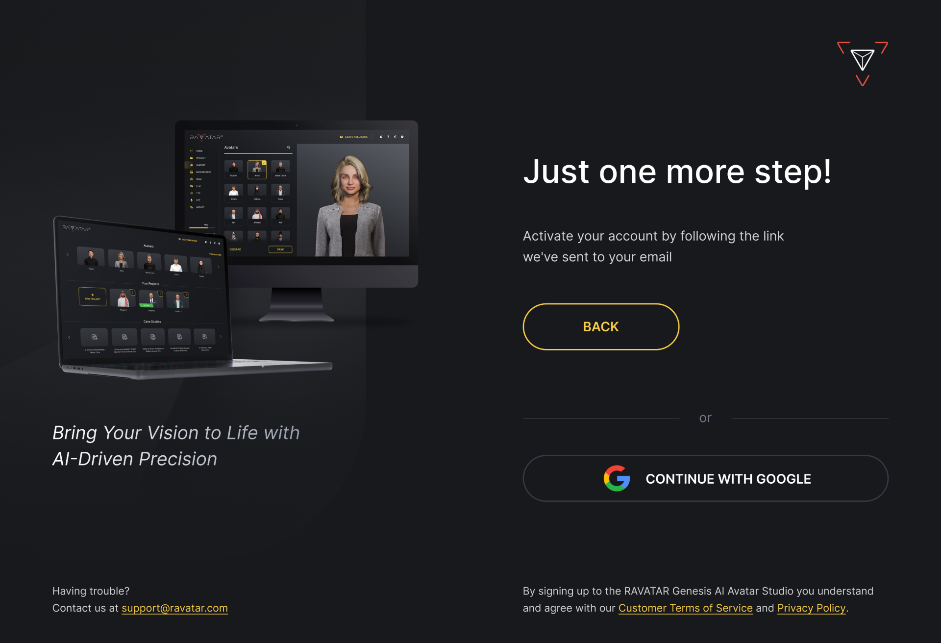 Genesis Studio AI avatar studio confirm email step