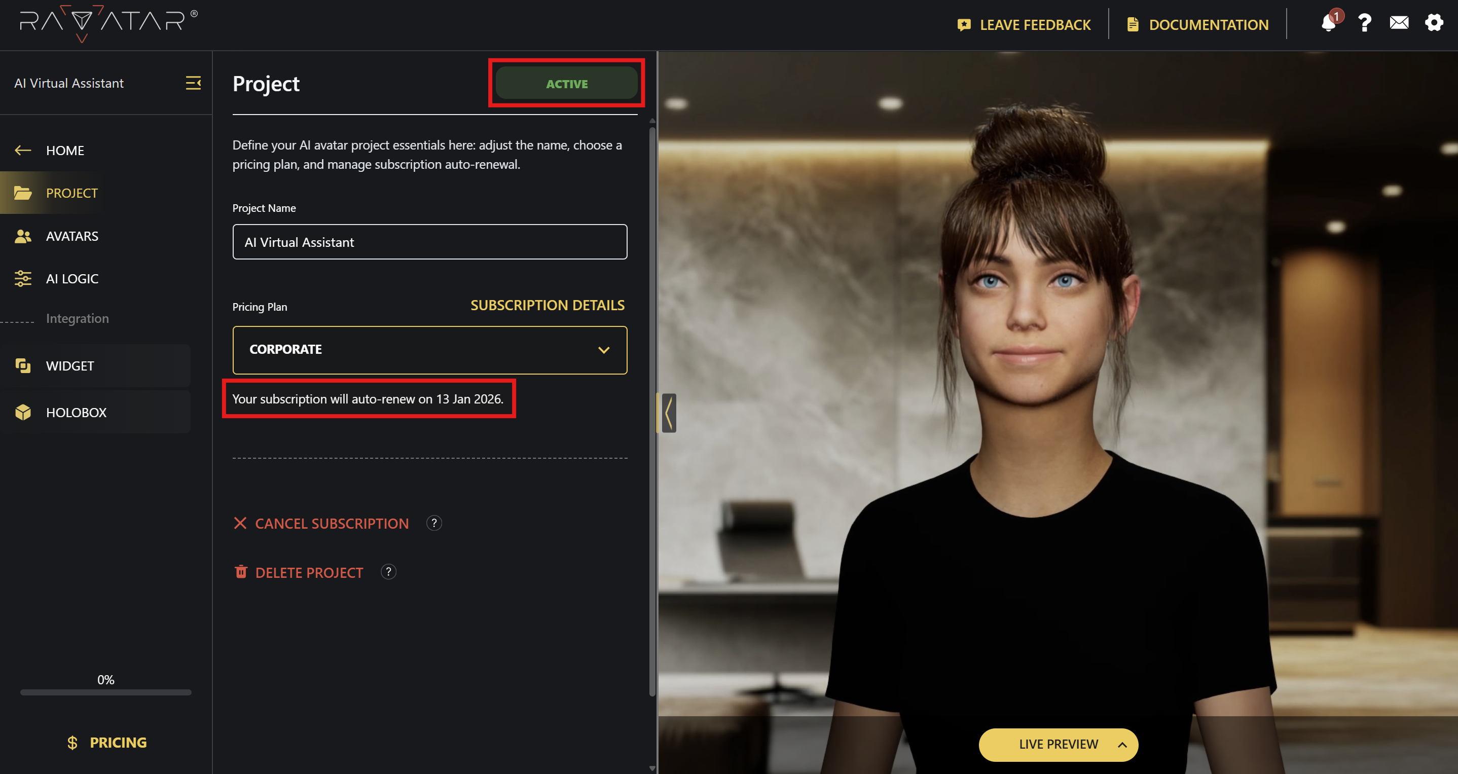 Genesis Studio AI avatar configuration wizard for new active project