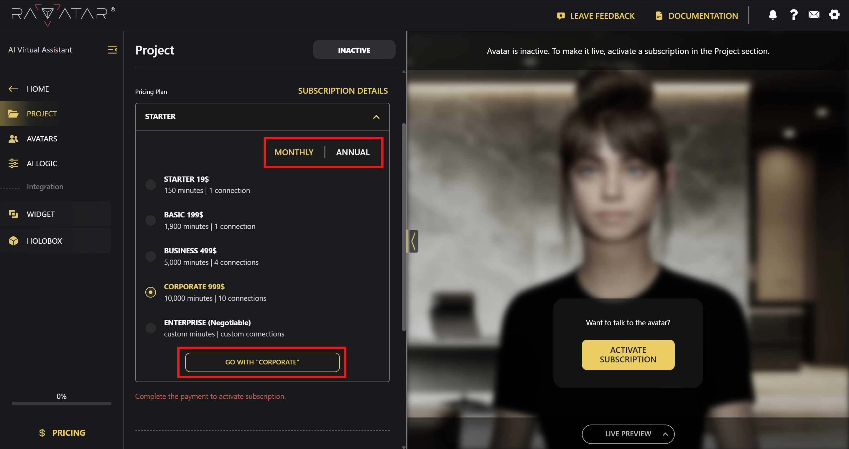 Genesis Studio choose AI avatar pricing plan for new project
