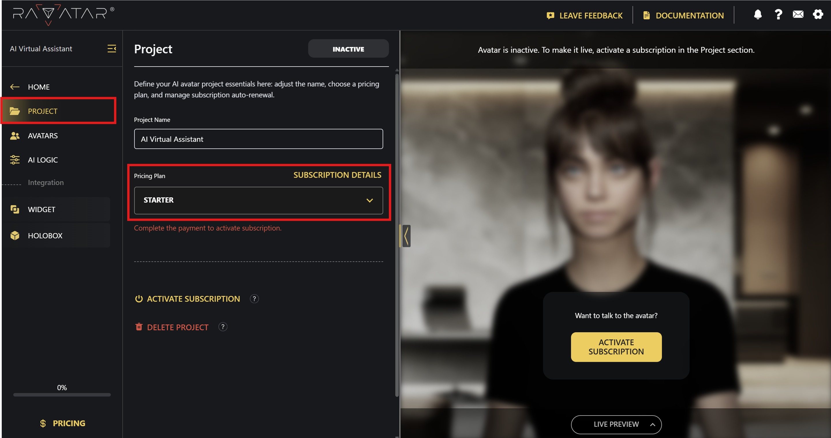 Genesis Studio select pricing plan to activate AI avatar subscription