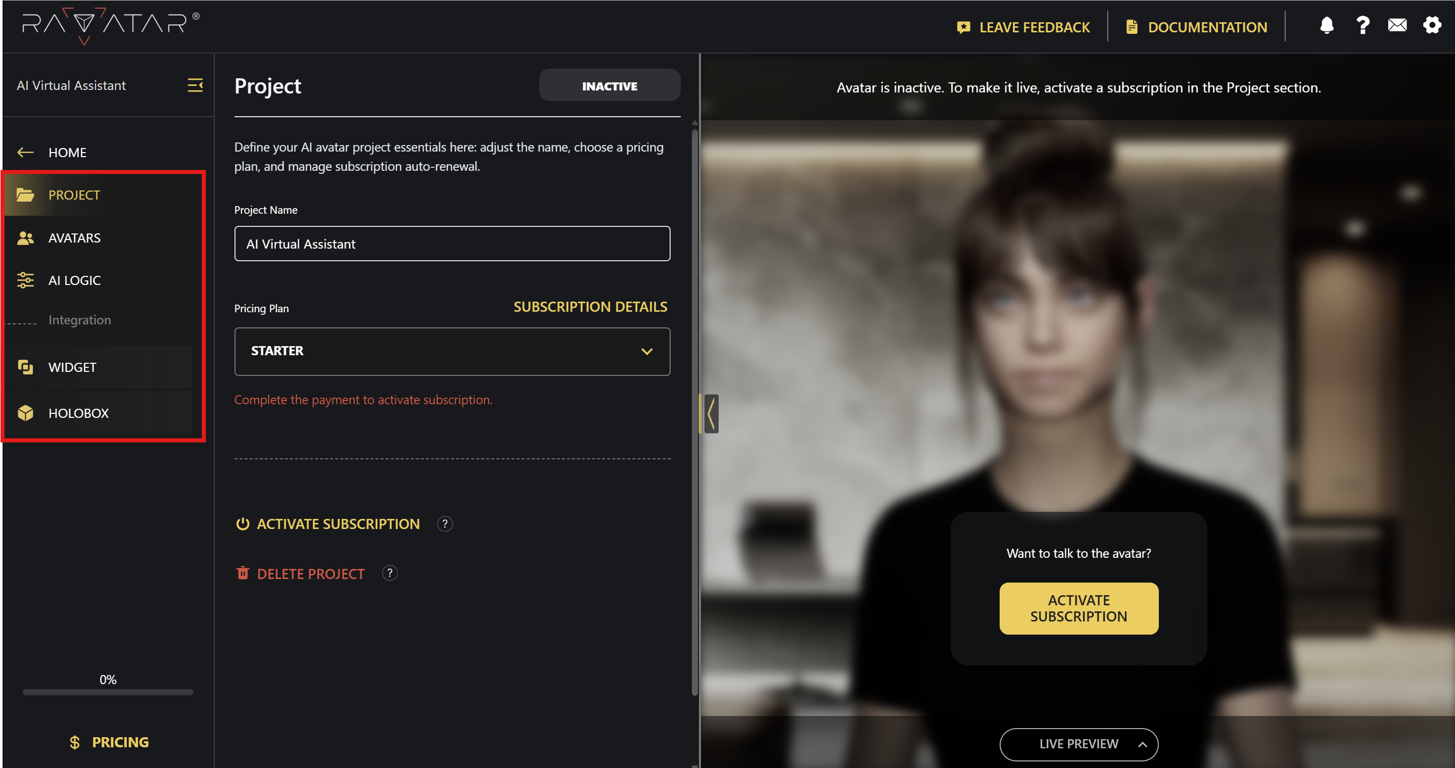 Genesis Studio start new AI avatar configuration for project setup