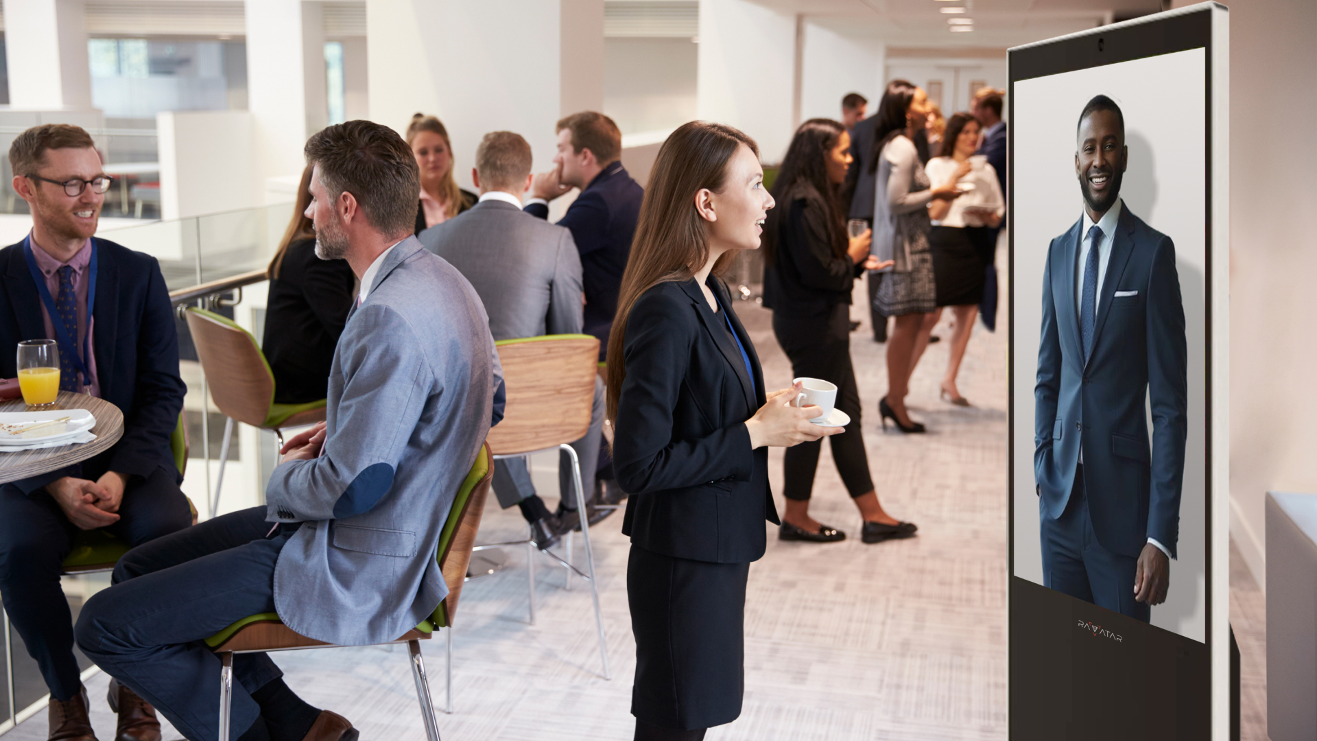 real-time AI hologram answering event attendee questions at info kiosk