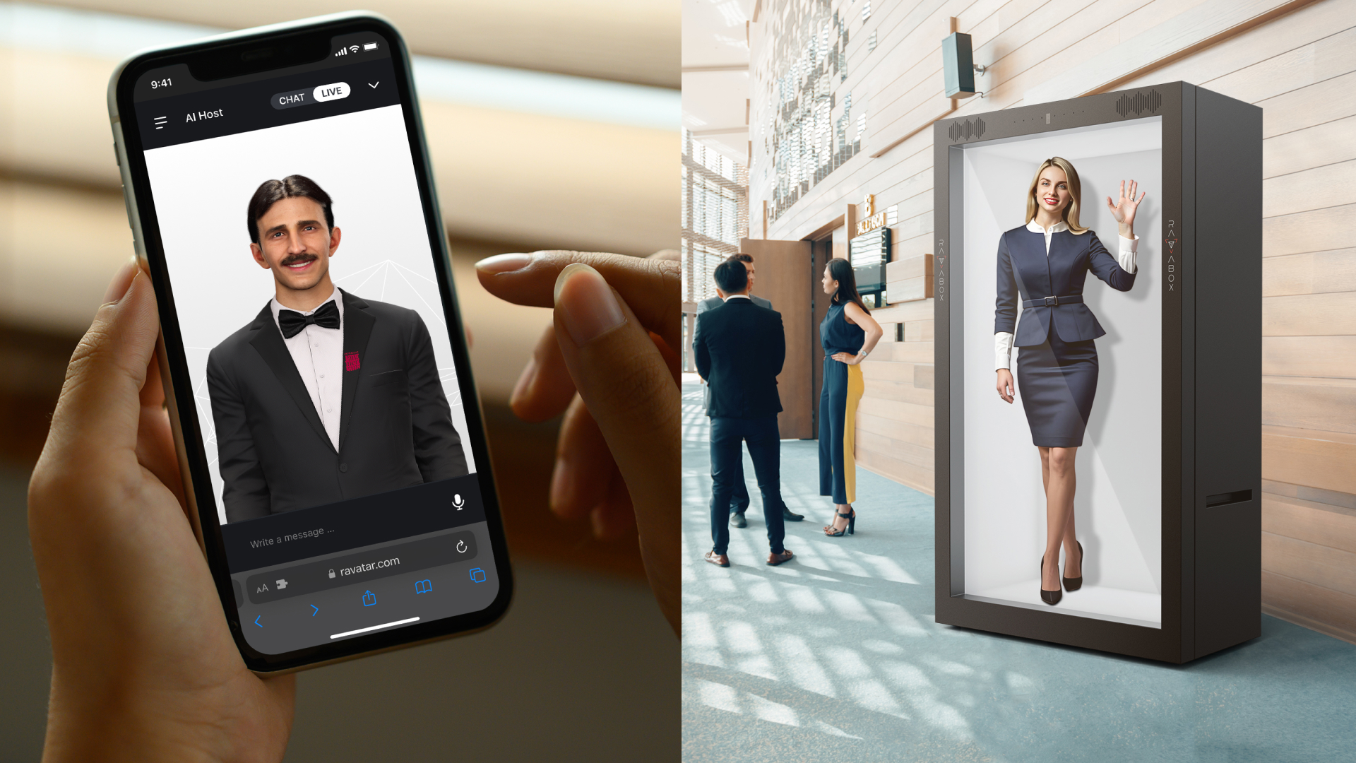 virtual event host in an online conference lobby interface vs event hologram onsite 