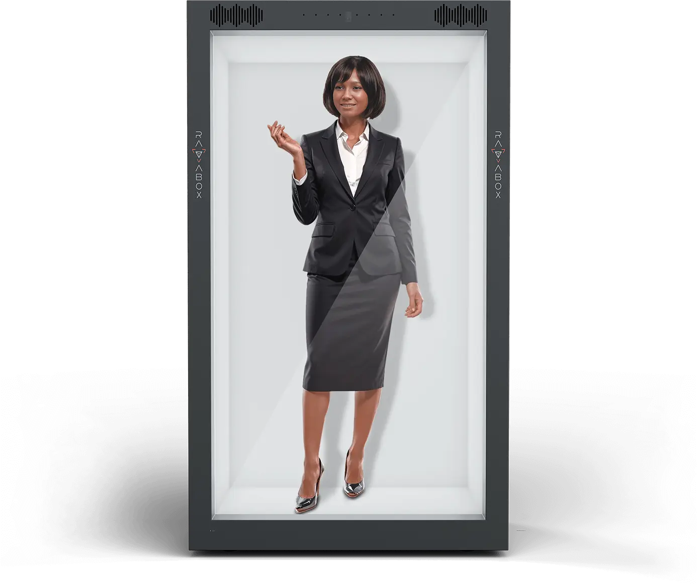 AI avatar acting as presenter guiding through slides and key messages at corporate product launch