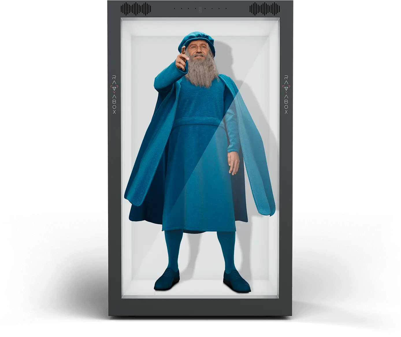 historical character AI avatar reenacting a story for visitors at a museum or cultural pavilion