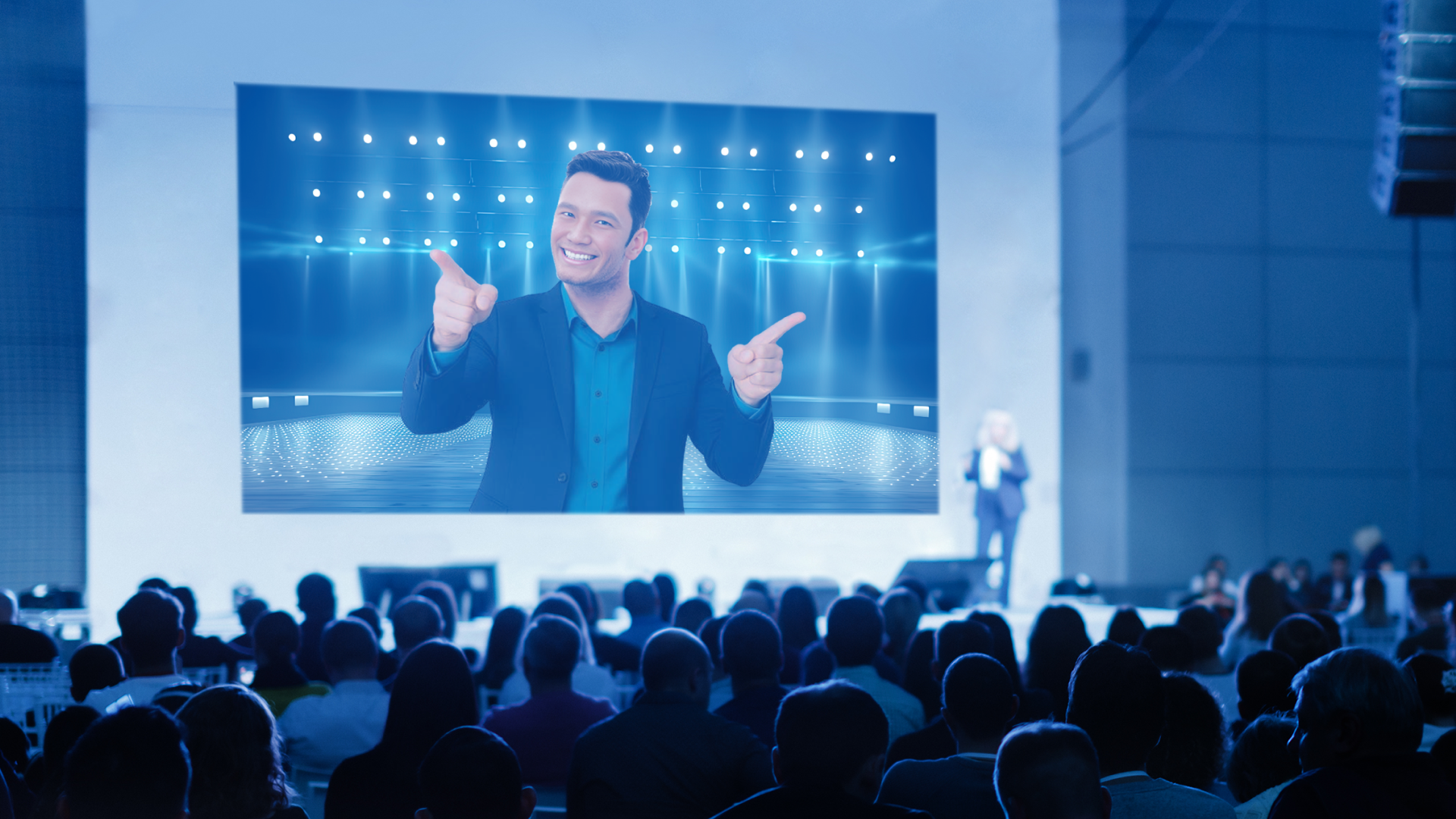 generative AI virtual host on stage announcing conference agenda highlights