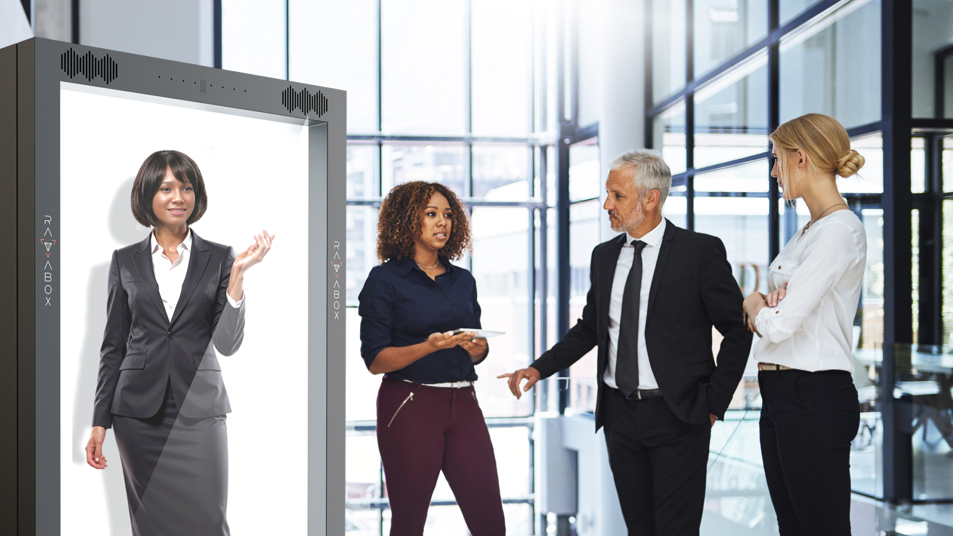 AI event host avatar engaging live audience in networking areas in dynamic dialog