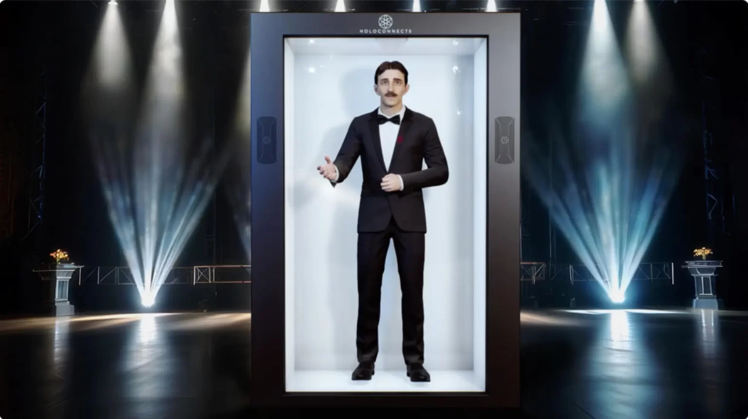 ai event host avatar delivering keynote on stage at leadership conference