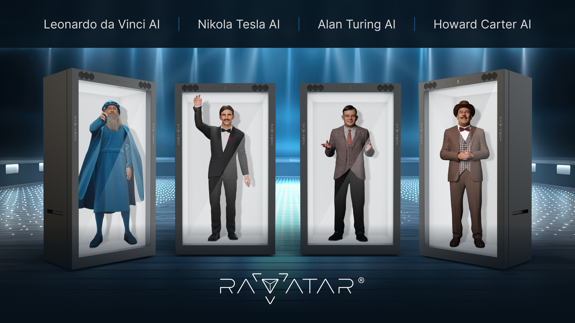 historical ai holograms for museums live performance leonardo da vinci nikola tesla alan turing and howard carter in holobox displays